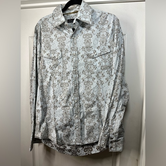 7 Diamonds Gray Brown  Floral Snap Down Western shirt Mens L - Picture 1 of 6